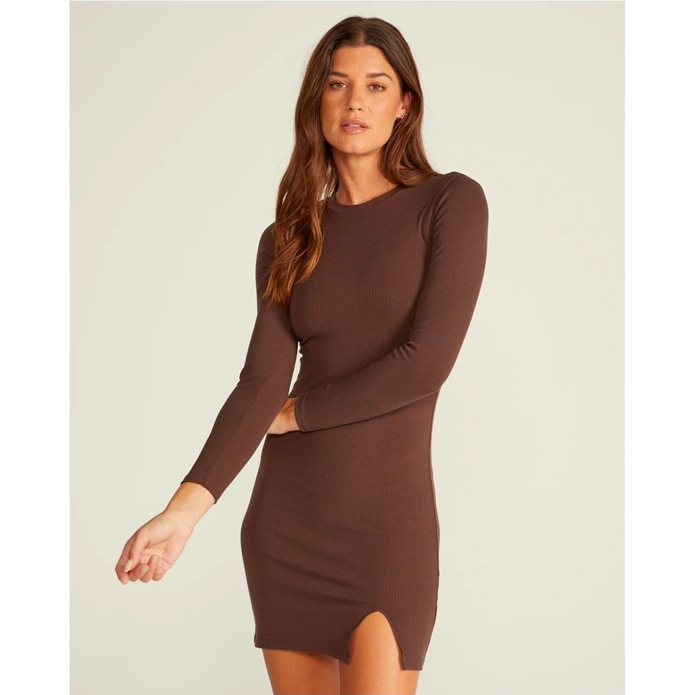 BYLT Premium Basics Rib Long Sleeve Dress Coffee Brown Mini Side Slit Small